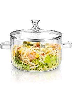 PrimeWorld Teddy Big Size Glass Serving Bowl with Lid Cooking Pot Mixing Bowl with Lid | 1500 ml | 50.7 fl oz | Microwave Safe