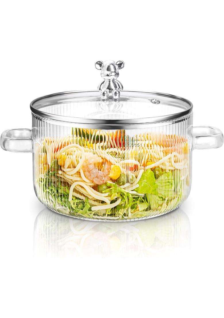 PrimeWorld Teddy Big Size Glass Serving Bowl with Lid Cooking Pot Mixing Bowl with Lid | 1500 ml | 50.7 fl oz | Microwave Safe - Indya