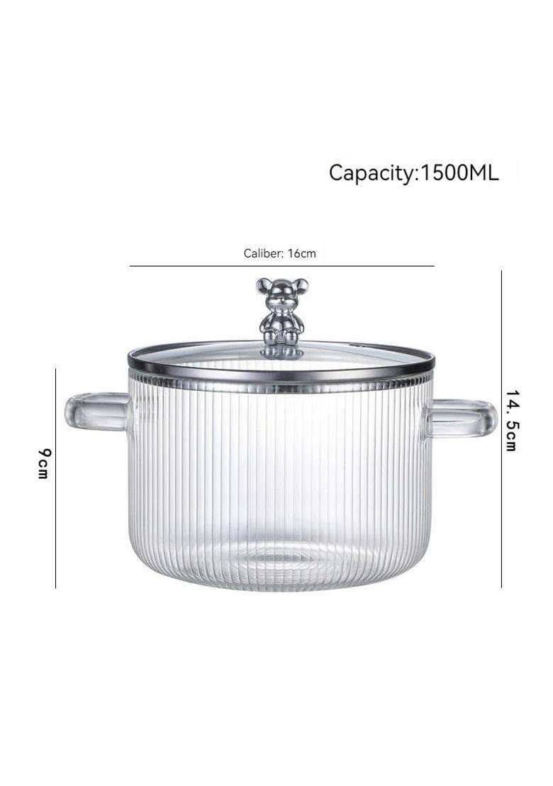 PrimeWorld Teddy Big Size Glass Serving Bowl with Lid Cooking Pot Mixing Bowl with Lid | 1500 ml | 50.7 fl oz | Microwave Safe - Indya