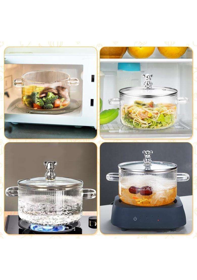 PrimeWorld Teddy Big Size Glass Serving Bowl with Lid Cooking Pot Mixing Bowl with Lid | 1500 ml | 50.7 fl oz | Microwave Safe - Indya