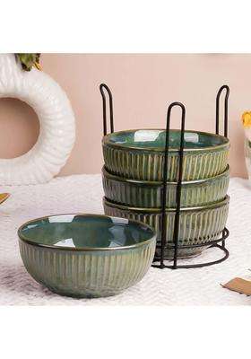 The Earth Store Glam Green Ceramic Bowl Set with Black Metal Stand | 500 ml | 16.9 fl oz | Microwave Safe