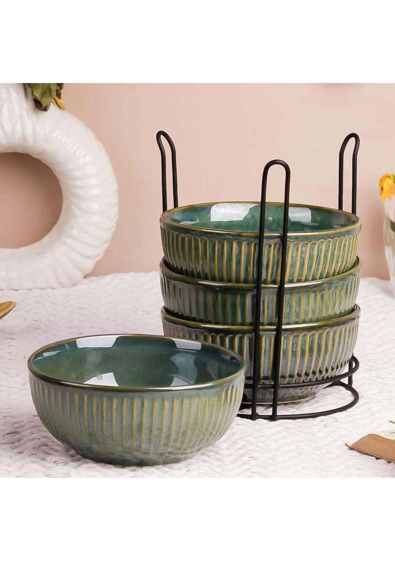 The Earth Store Glam Green Ceramic Bowl Set with Black Metal Stand | 500 ml | 16.9 fl oz | Microwave Safe - Indya