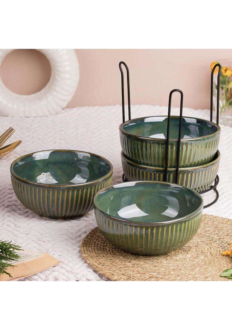 The Earth Store Glam Green Ceramic Bowl Set with Black Metal Stand | 500 ml | 16.9 fl oz | Microwave Safe - Indya