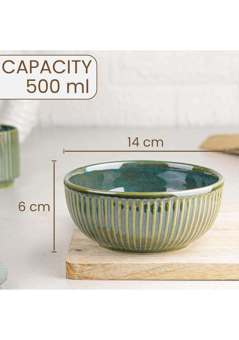 The Earth Store Glam Green Ceramic Bowl Set with Black Metal Stand | 500 ml | 16.9 fl oz | Microwave Safe - Indya