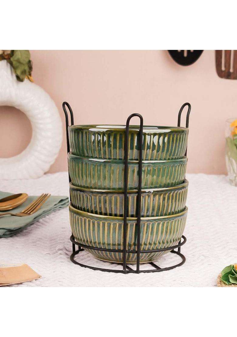 The Earth Store Glam Green Ceramic Bowl Set with Black Metal Stand | 500 ml | 16.9 fl oz | Microwave Safe - Indya
