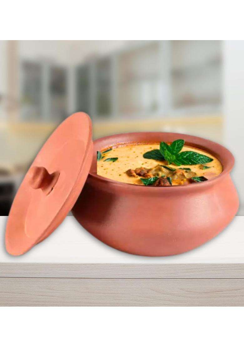 Terra Charms Terracotta Clay Pot and Serving Pot Hand Craft Handi for Making Kadhi Wok Taste | 1 L | 1.1 Qt - Indya
