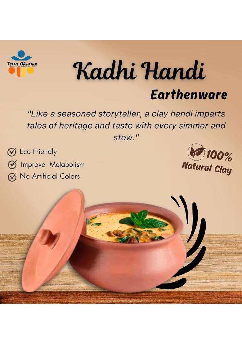 Terra Charms Terracotta Clay Pot and Serving Pot Hand Craft Handi for Making Kadhi Wok Taste | 1 L | 1.1 Qt - Indya