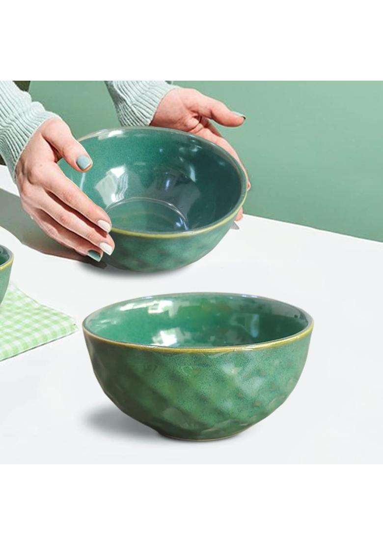 The Earth Store Set of Studio Pottery Dual Tone Green Ceramic Bowl with Multipurpose Uses Lid | 500 ml | 16.9 fl oz | 4-Piece Set | Dishwasher Safe - Indya