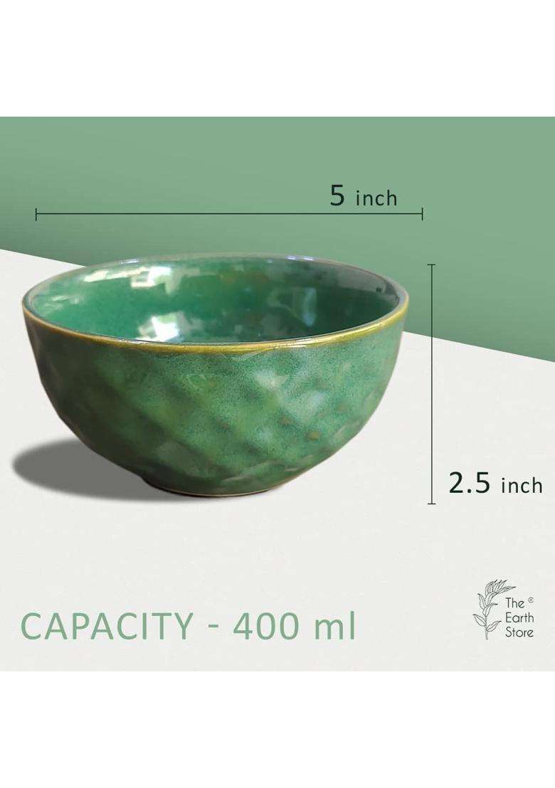 The Earth Store Set of Studio Pottery Dual Tone Green Ceramic Bowl with Multipurpose Uses Lid | 500 ml | 16.9 fl oz | 4-Piece Set | Dishwasher Safe - Indya