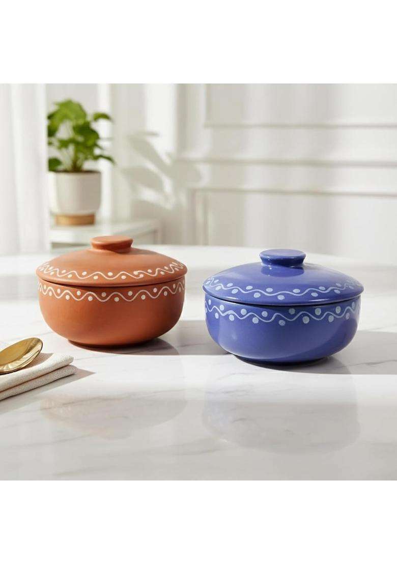 KALAKRITI Terracotta Orange Ceramic Serving Bowl with Lid | 300 ml | 10.1 fl oz | Pack of 2 | Microwave Safe - Indya