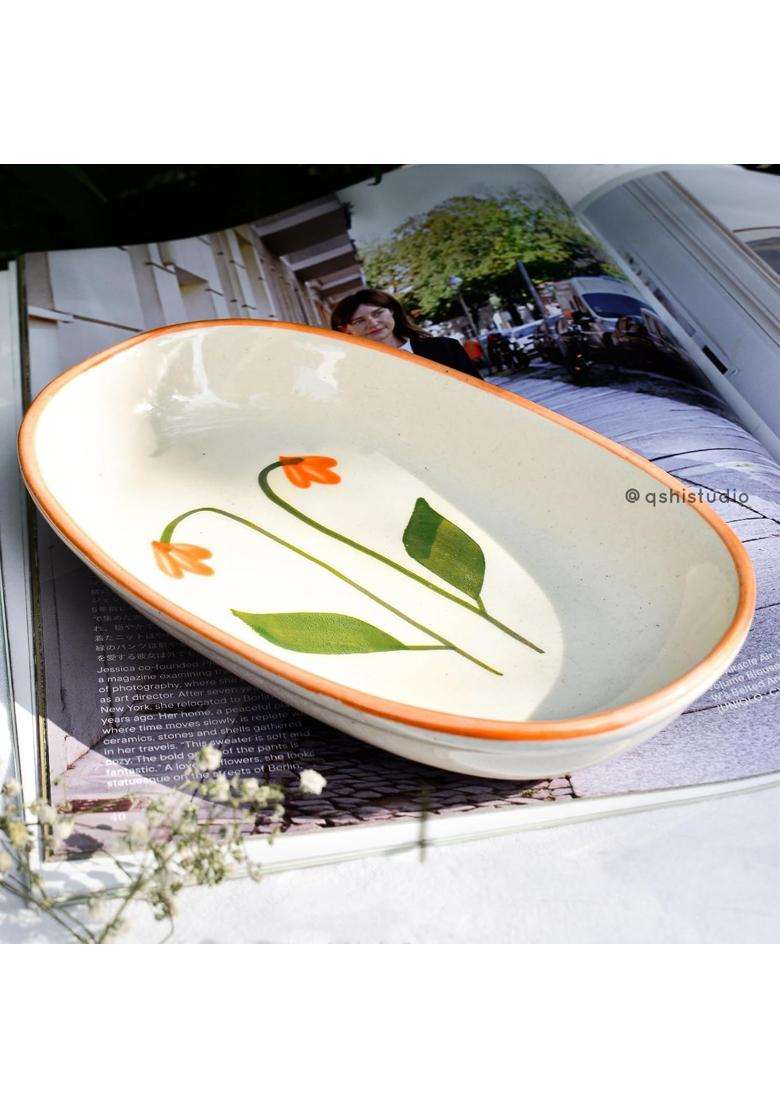 QSHI Studio Ceramic Oval Serving Bowl | Handcrafted | Microwave Safe - Indya