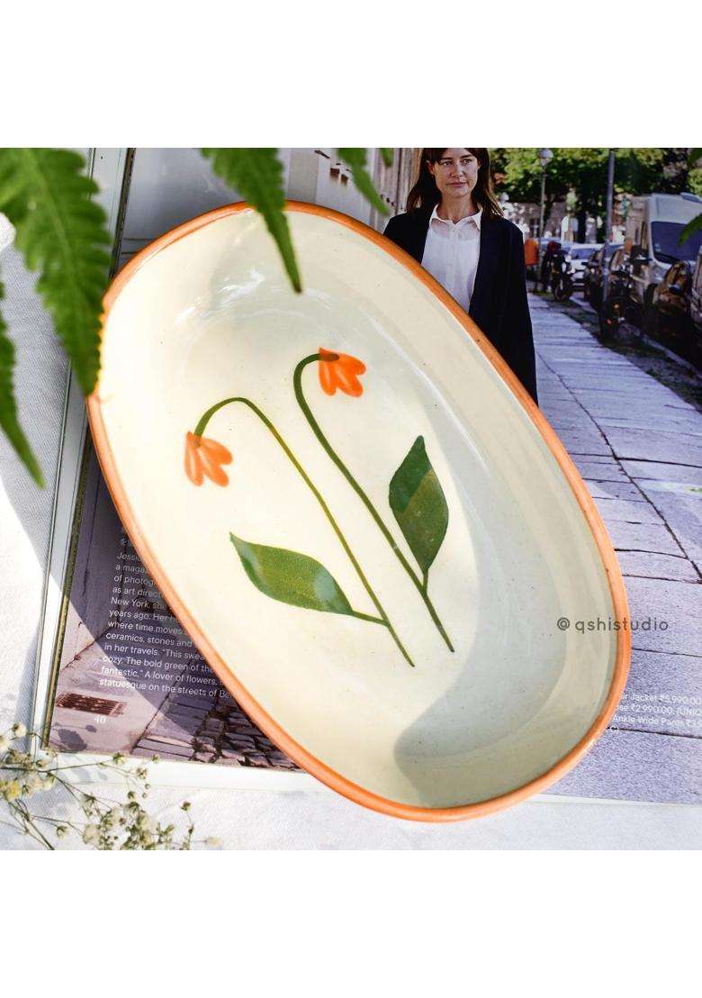 QSHI Studio Ceramic Oval Serving Bowl | Handcrafted | Microwave Safe - Indya