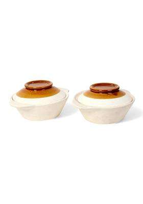 KALAKRITI Beige and Brown Ceramic Bowl with Lid | 500 ml | 16.9 fl oz | Pack of 2 | Microwave Safe