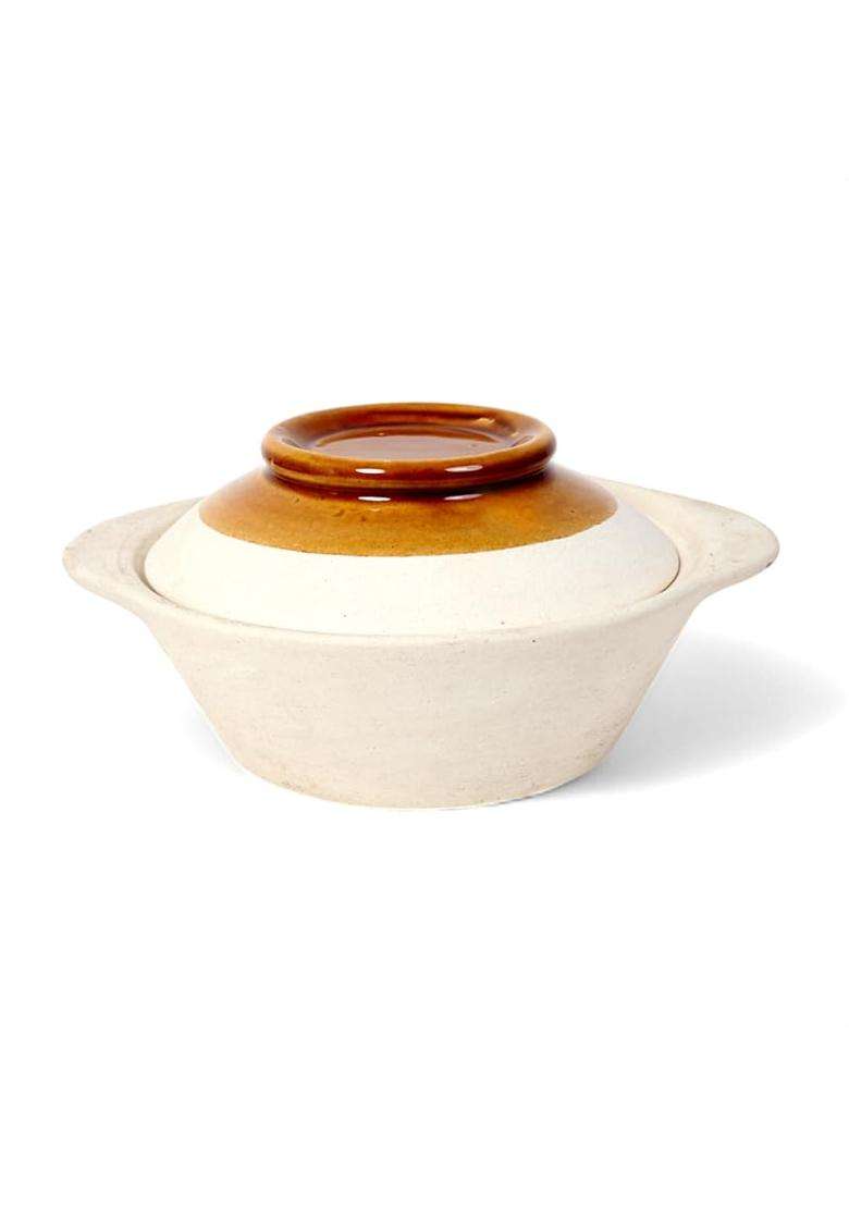 KALAKRITI Beige and Brown Ceramic Bowl with Lid | 500 ml | 16.9 fl oz | Pack of 2 | Microwave Safe - Indya