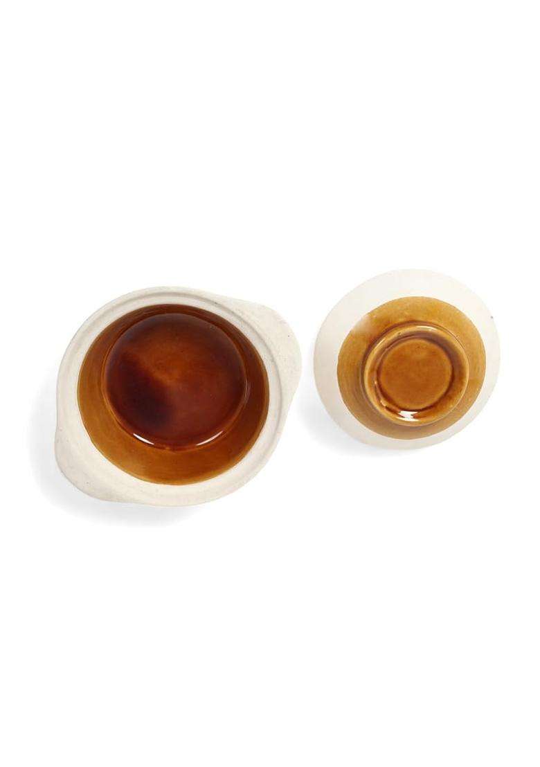 KALAKRITI Beige and Brown Ceramic Bowl with Lid | 500 ml | 16.9 fl oz | Pack of 2 | Microwave Safe - Indya