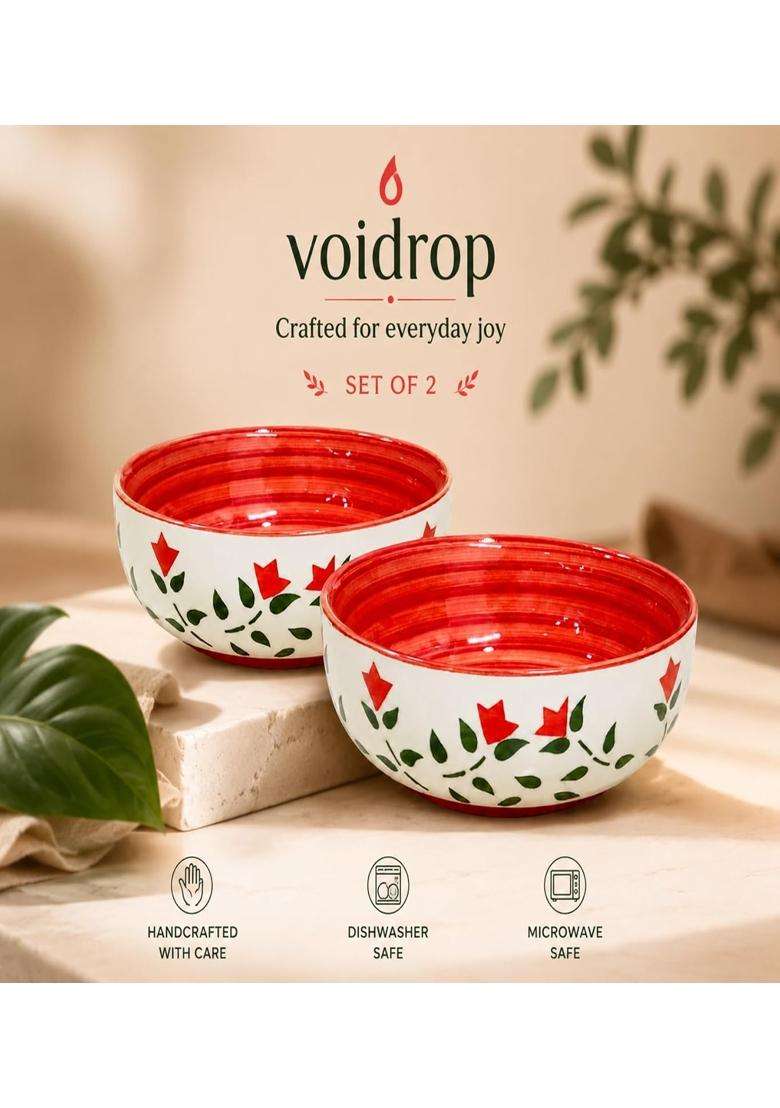 VOIDROP Handpainted Royal Blue Floral and Leaf-Stripe Pattern Ceramic Soup Bowls | 250 ml | 8.5 fl oz | 2-Piece Set - Indya