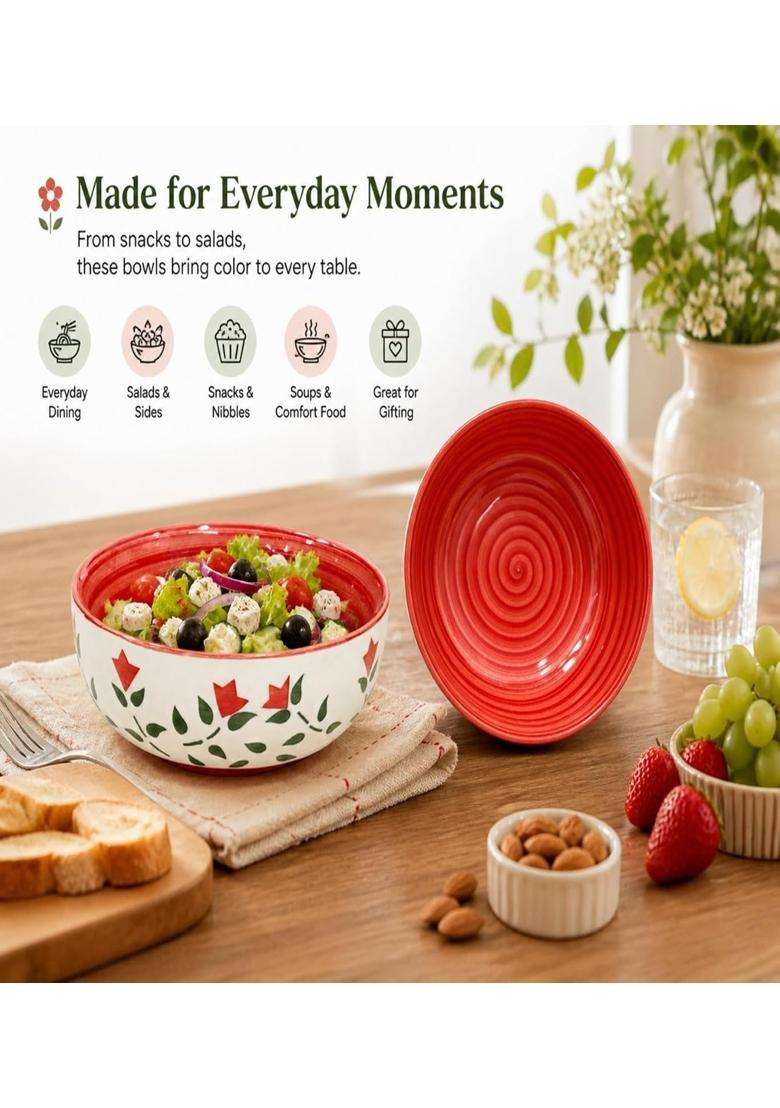 VOIDROP Handpainted Royal Blue Floral and Leaf-Stripe Pattern Ceramic Soup Bowls | 250 ml | 8.5 fl oz | 2-Piece Set - Indya