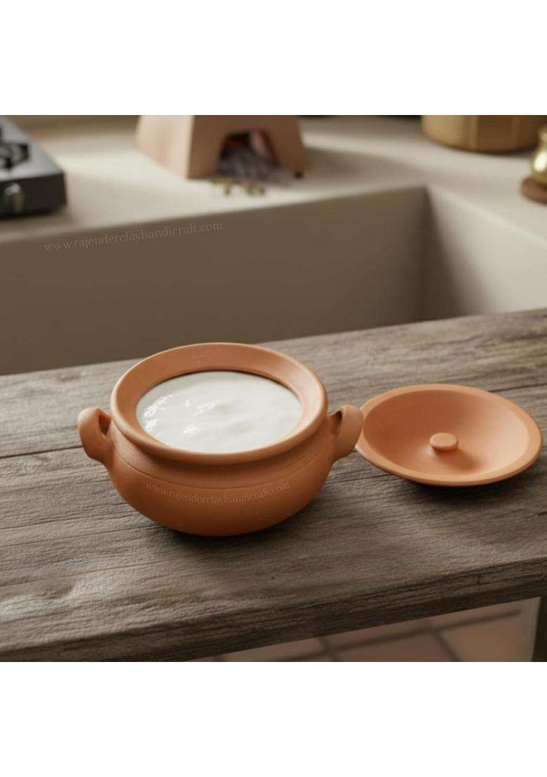 RAJENDER CLAY HANDICRAFT Premium Handmade Clay Curd Pot with Side Handles | 1 L | 1.1 Qt - Indya