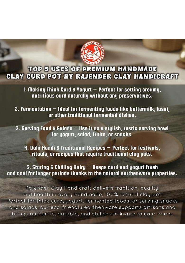 RAJENDER CLAY HANDICRAFT Premium Handmade Clay Curd Pot with Side Handles | 1 L | 1.1 Qt - Indya