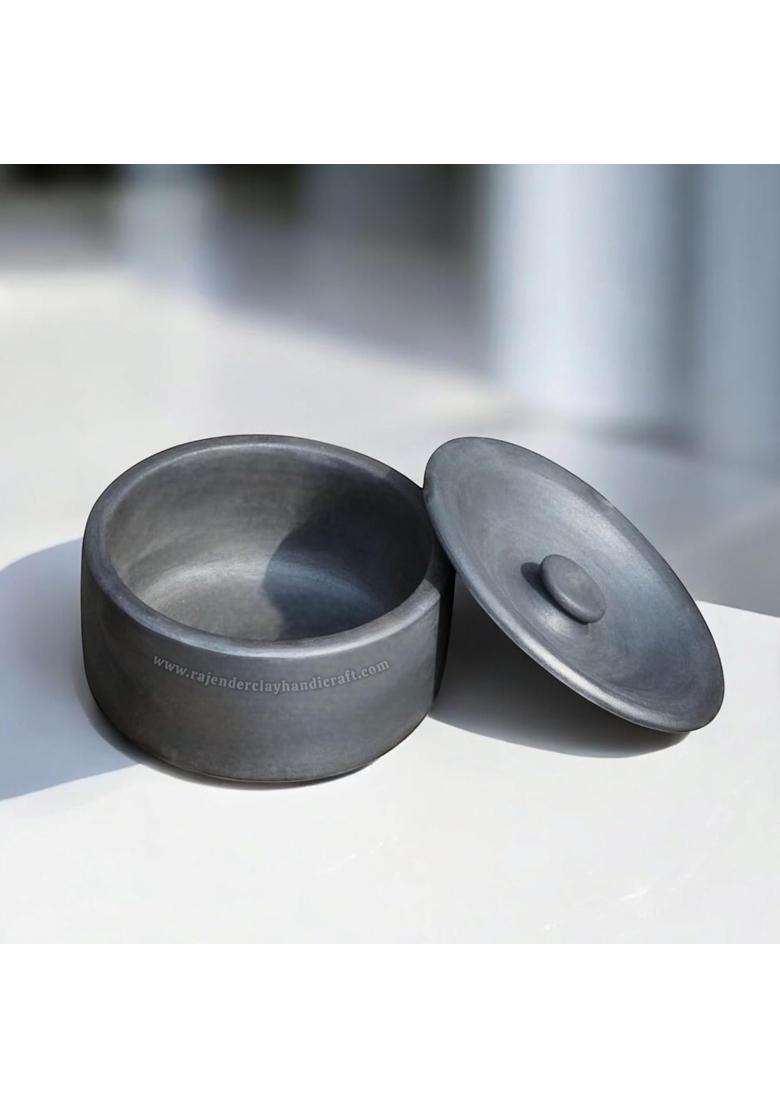 RAJENDER CLAY HANDICRAFT Handmade Black Mitti Flat Curd Pot | 2 L | 2.1 Qt | Non-Toxic - Indya