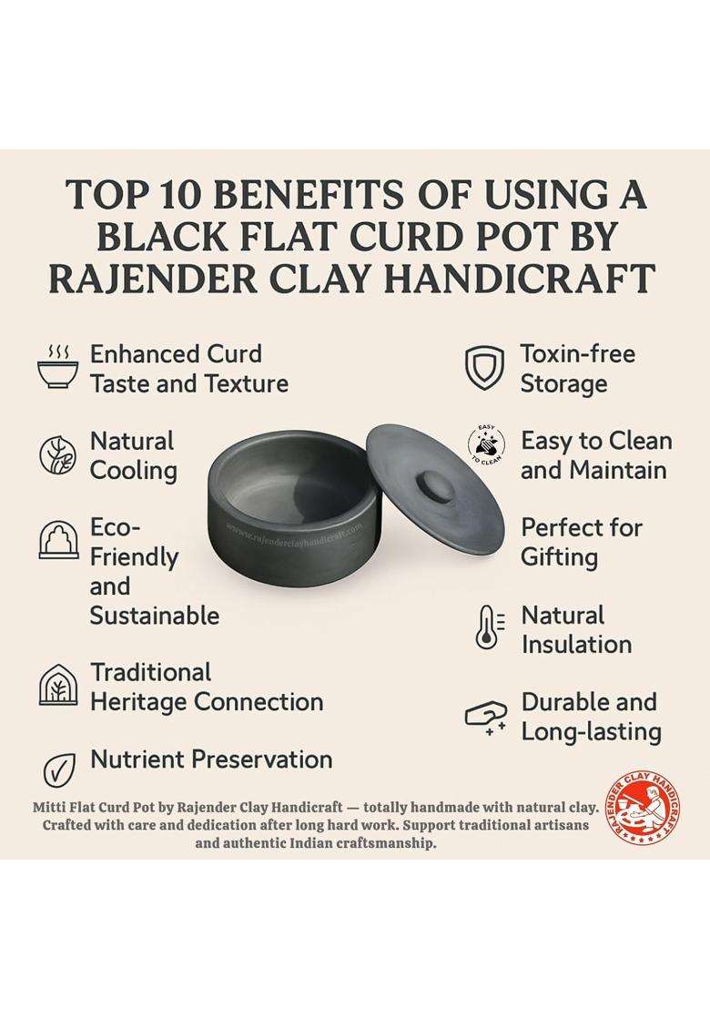 RAJENDER CLAY HANDICRAFT Handmade Black Mitti Flat Curd Pot | 2 L | 2.1 Qt | Non-Toxic - Indya