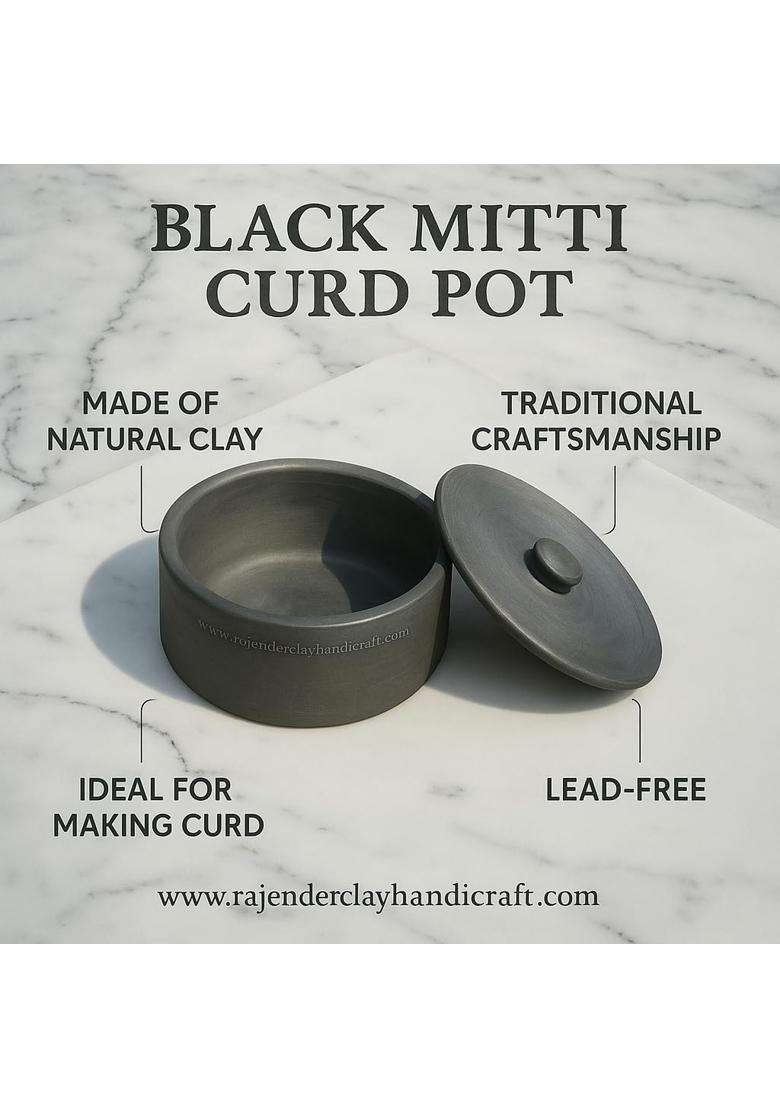 RAJENDER CLAY HANDICRAFT Handmade Black Mitti Flat Curd Pot | 2 L | 2.1 Qt | Non-Toxic - Indya