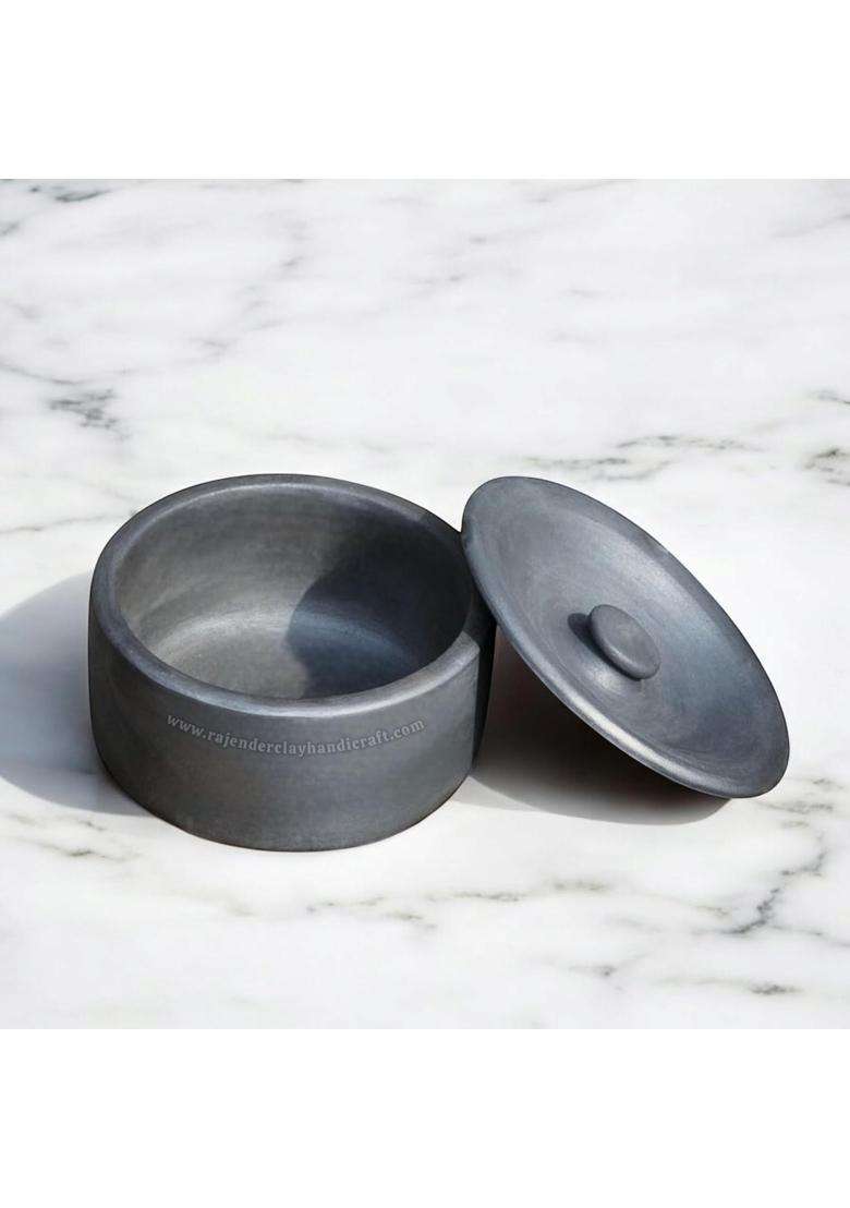 RAJENDER CLAY HANDICRAFT Handmade Black Mitti Flat Curd Pot | 2 L | 2.1 Qt | Non-Toxic - Indya