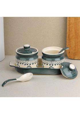 The Earth Store Grey Drape Ceramic Pickle Jar with Tray and Spoon | 250 ml | 8.5 fl oz | With Lid