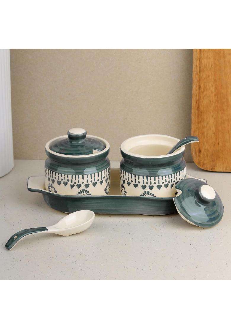 The Earth Store Grey Drape Ceramic Pickle Jar with Tray and Spoon | 250 ml | 8.5 fl oz | With Lid - Indya