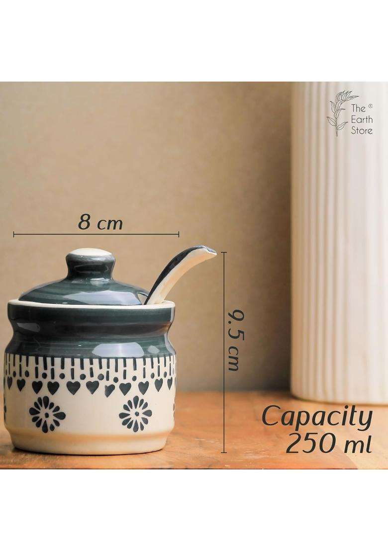 The Earth Store Grey Drape Ceramic Pickle Jar with Tray and Spoon | 250 ml | 8.5 fl oz | With Lid - Indya