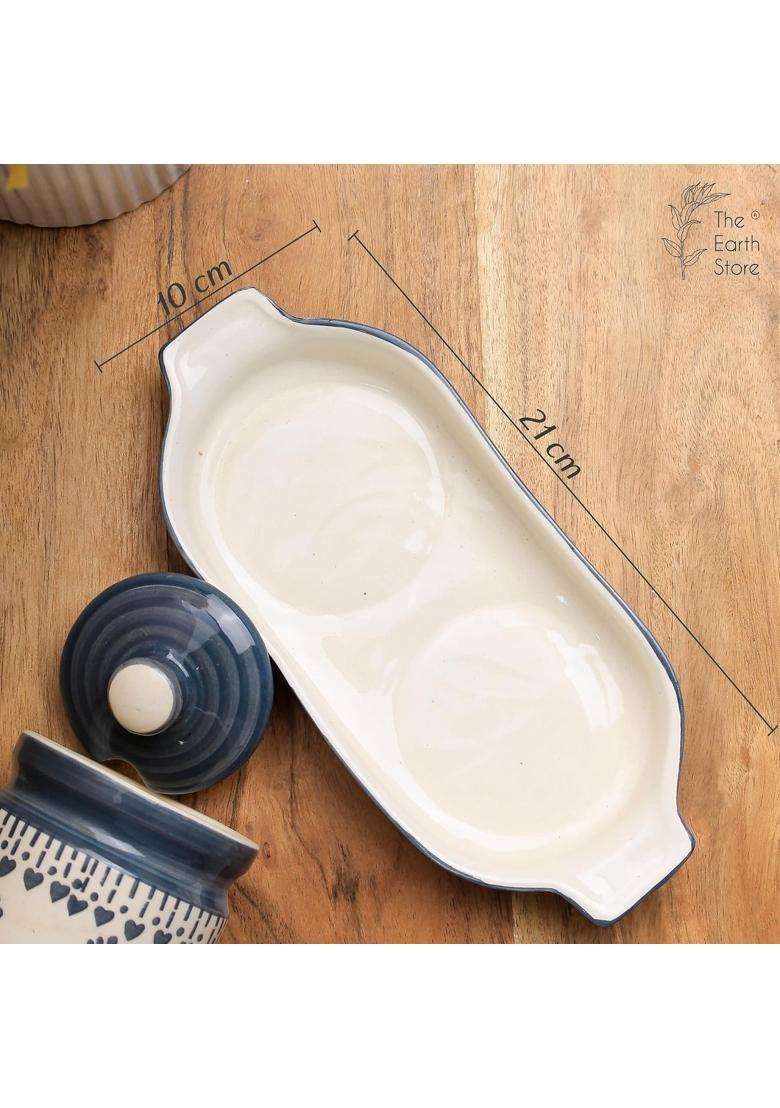 The Earth Store Grey Drape Ceramic Pickle Jar with Tray and Spoon | 250 ml | 8.5 fl oz | With Lid - Indya