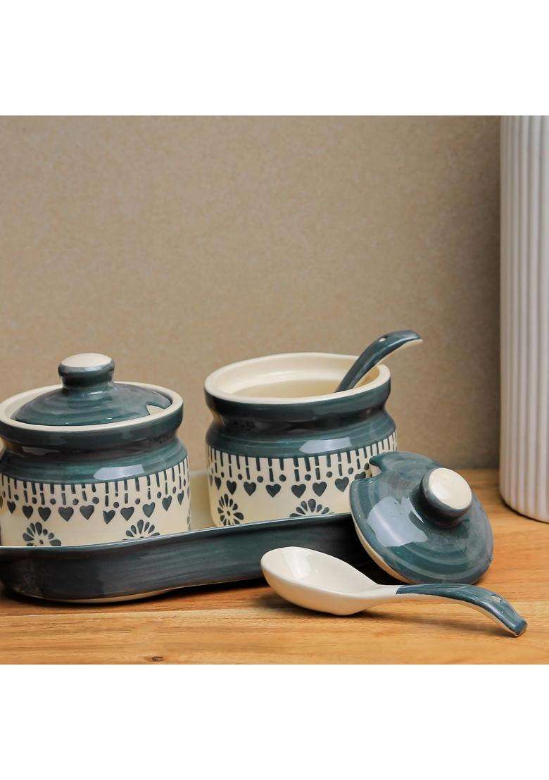 The Earth Store Grey Drape Ceramic Pickle Jar with Tray and Spoon | 250 ml | 8.5 fl oz | With Lid - Indya