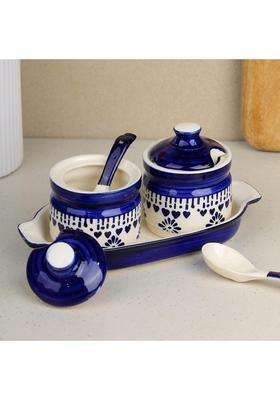 The Earth Store Blue Drape Ceramic Pickle Jar with Tray and Spoon | 250 ml | 8.5 fl oz | With Lid