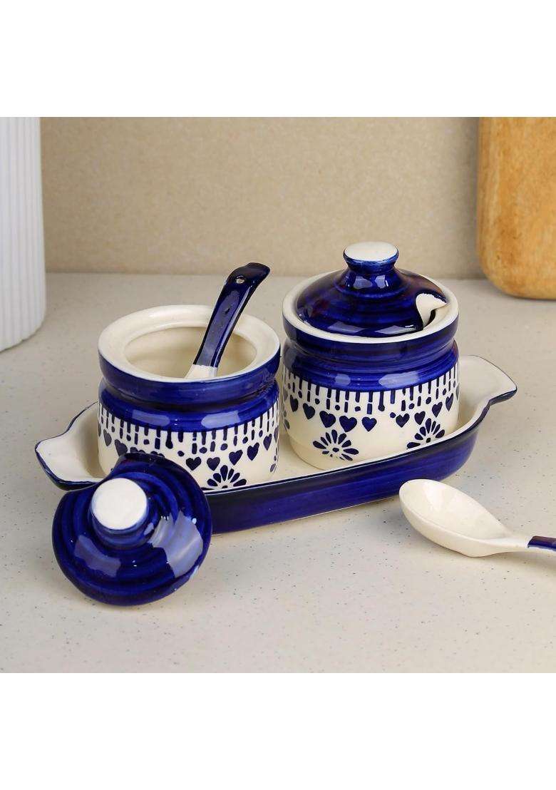 The Earth Store Blue Drape Ceramic Pickle Jar with Tray and Spoon | 250 ml | 8.5 fl oz | With Lid - Indya
