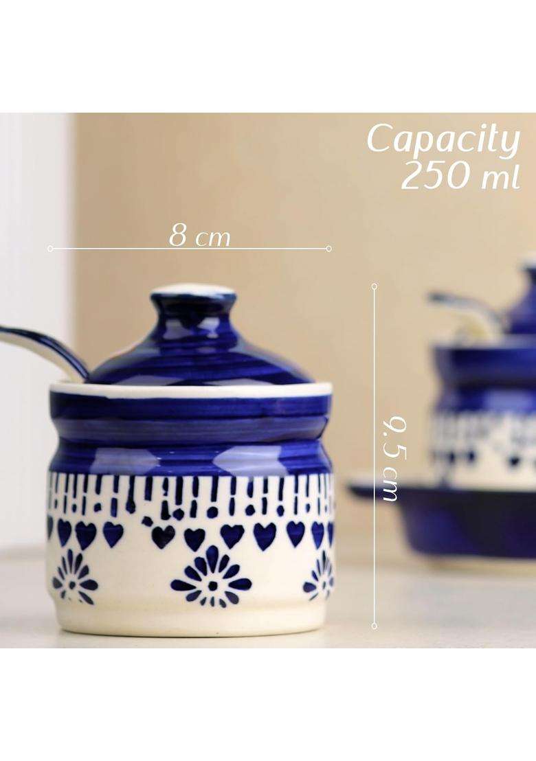 The Earth Store Blue Drape Ceramic Pickle Jar with Tray and Spoon | 250 ml | 8.5 fl oz | With Lid - Indya