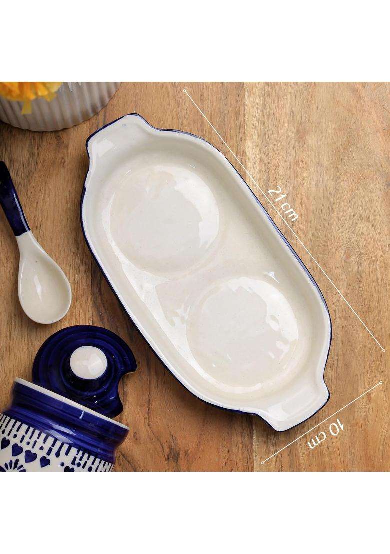 The Earth Store Blue Drape Ceramic Pickle Jar with Tray and Spoon | 250 ml | 8.5 fl oz | With Lid - Indya