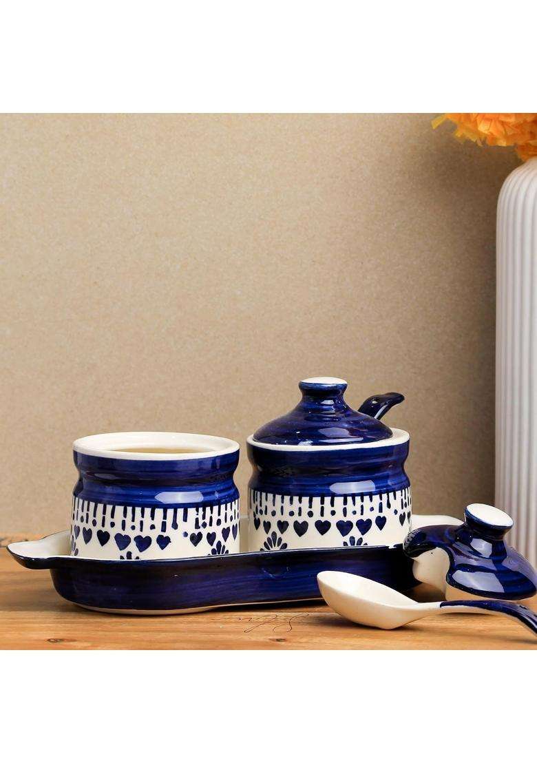 The Earth Store Blue Drape Ceramic Pickle Jar with Tray and Spoon | 250 ml | 8.5 fl oz | With Lid - Indya