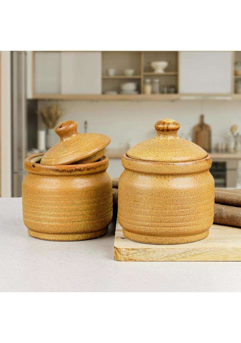The Earth Store Brown Ceramic Pickle Jars | 500 ml | 16.9 fl oz | 2-Piece Set | With Lid - Indya