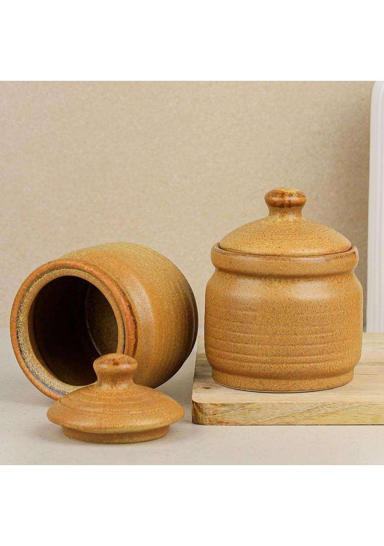 The Earth Store Brown Ceramic Pickle Jars | 500 ml | 16.9 fl oz | 2-Piece Set | With Lid - Indya