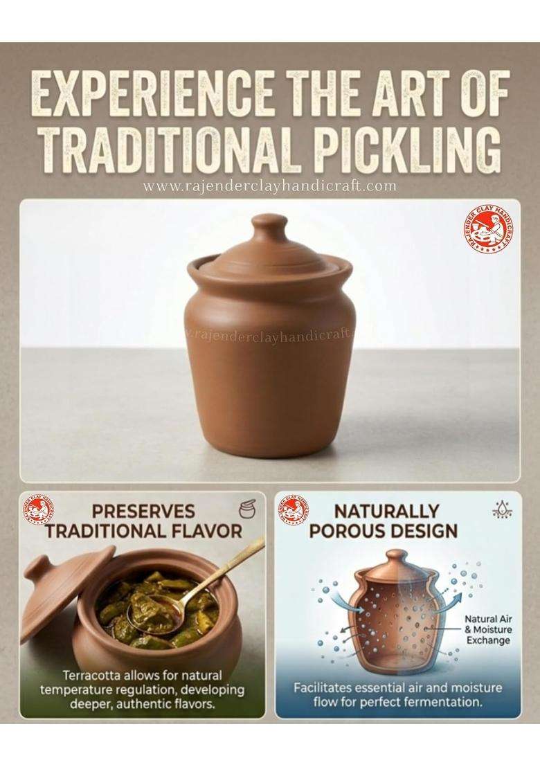 RAJENDER CLAY HANDICRAFT Premium Handmade Mitti Pickle Jar with Lid | 500 ml | 16.9 fl oz | Non-Toxic - Indya