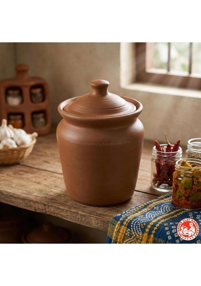 RAJENDER CLAY HANDICRAFT Premium Handmade Mitti Pickle Jar with Lid | 500 ml | 16.9 fl oz | Non-Toxic - Indya