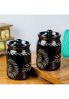 ClayStone Black Handglazed Ceramic Pickle Jar | 1 L | 1.1 Qt | Pack of 2