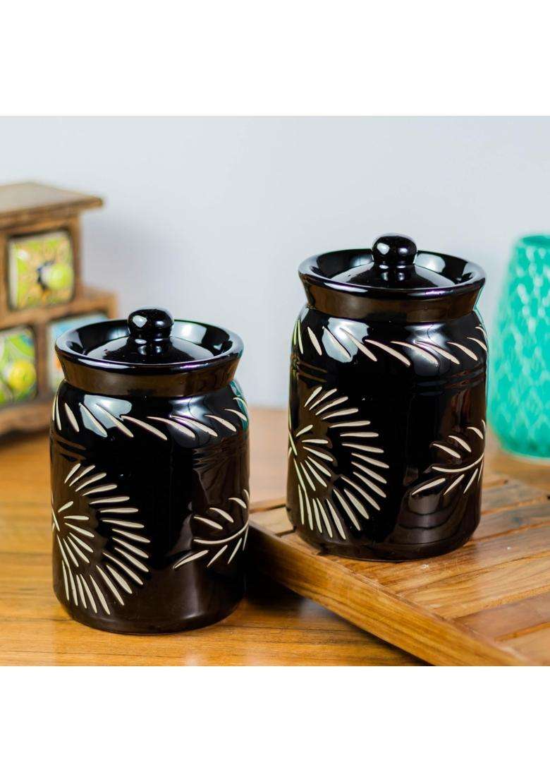 ClayStone Black Handglazed Ceramic Pickle Jar | 1 L | 1.1 Qt | Pack of 2 - Indya