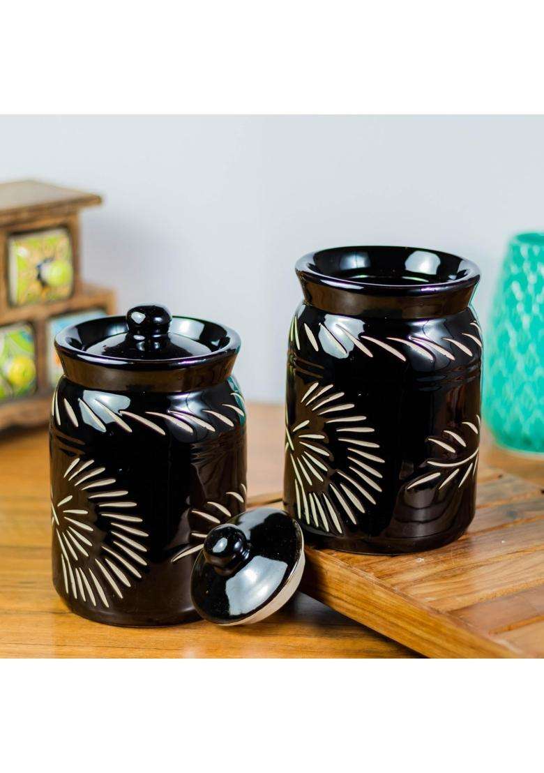 ClayStone Black Handglazed Ceramic Pickle Jar | 1 L | 1.1 Qt | Pack of 2 - Indya