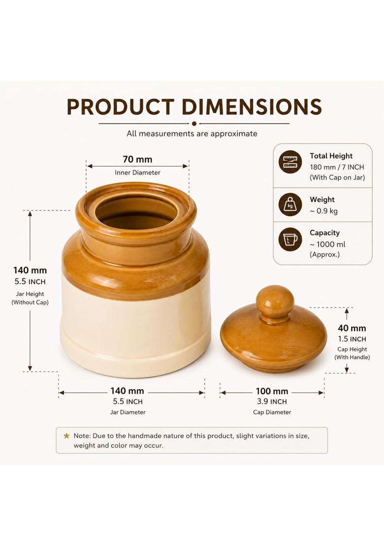 Pure Source India Ceramic Pickle Jar with Lid | 1000 ml | 33.8 fl oz - Indya
