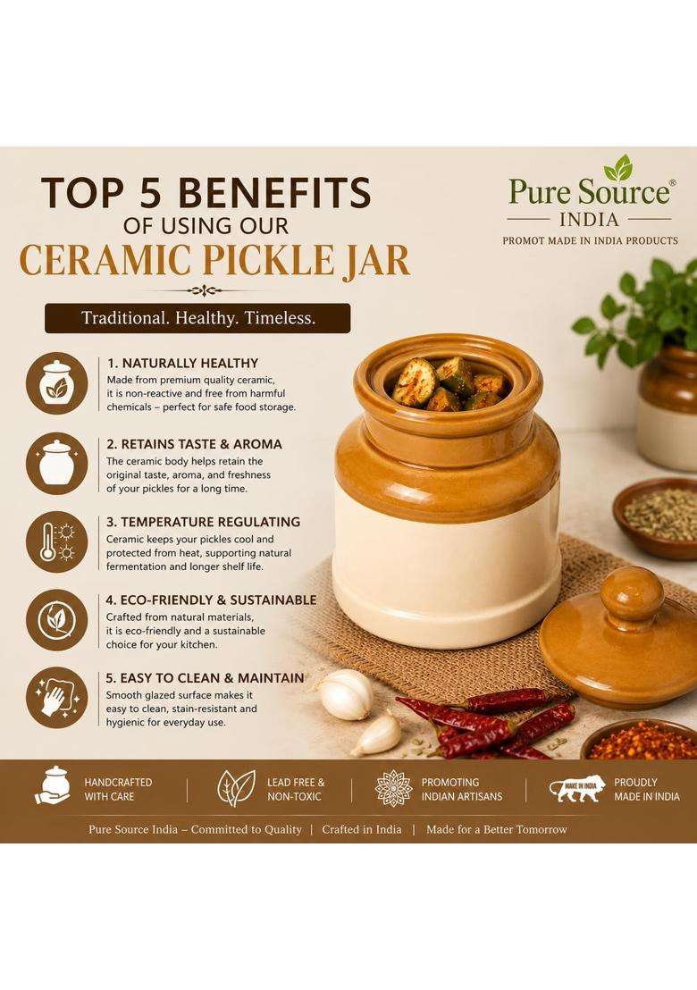 Pure Source India Ceramic Pickle Jar with Lid | 1000 ml | 33.8 fl oz - Indya