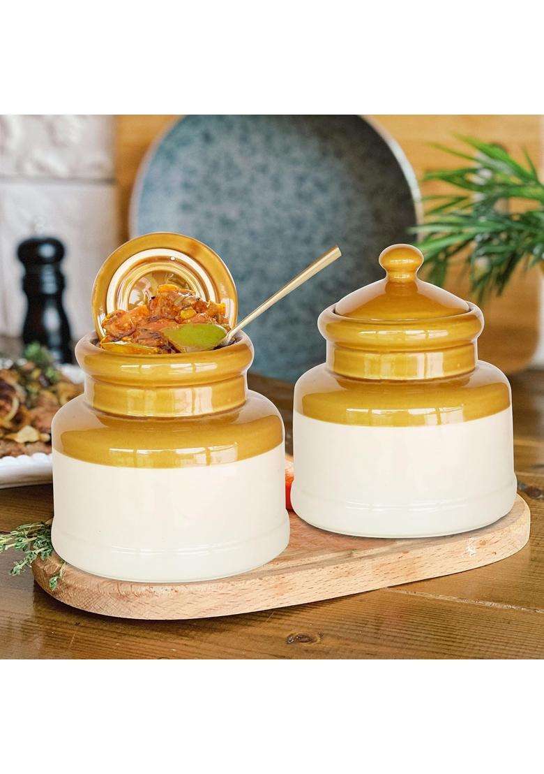 Pure Source India Natural Led Free Food Grade Ceramic Pickle Jar with Lid | 2-Piece Set - Indya