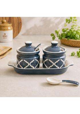 The Earth Store Grey Ceramic Pickle Jar with Tray and Spoon | 250 ml | 8.5 fl oz | With Lid