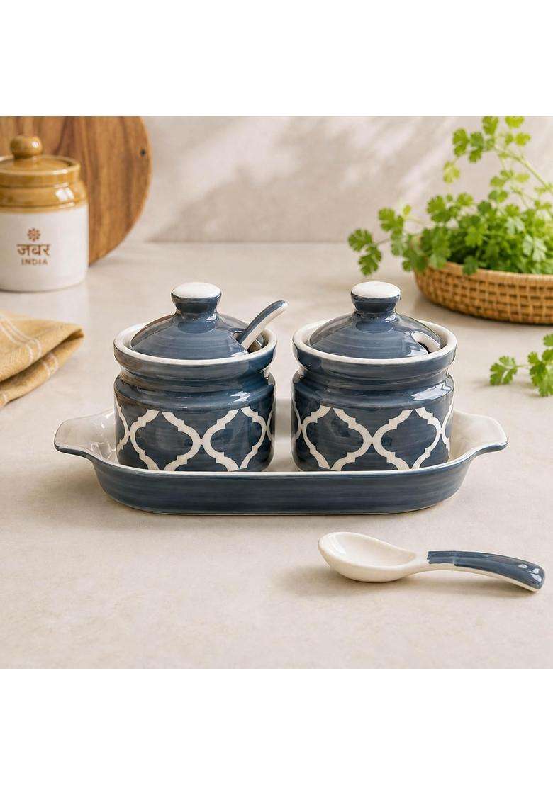 The Earth Store Grey Ceramic Pickle Jar with Tray and Spoon | 250 ml | 8.5 fl oz | With Lid - Indya