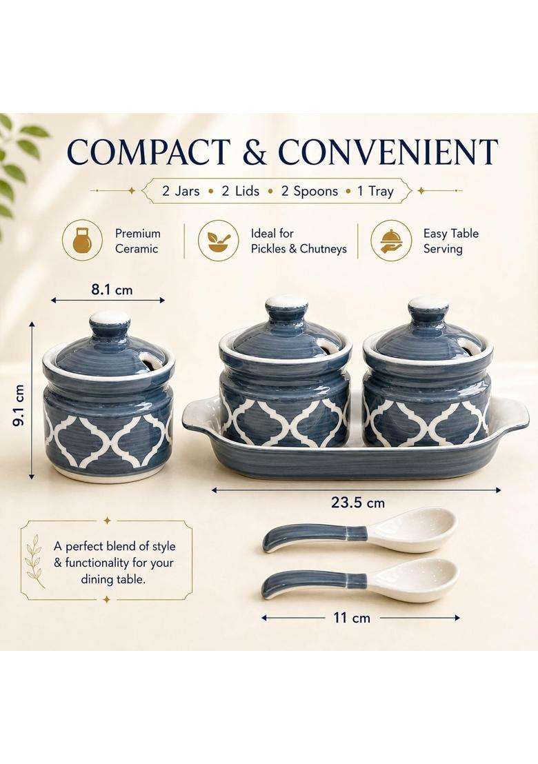 The Earth Store Grey Ceramic Pickle Jar with Tray and Spoon | 250 ml | 8.5 fl oz | With Lid - Indya